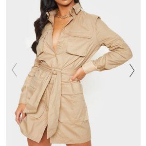 PLT Petite Fawn Utility Tie Waist Shirt Dress